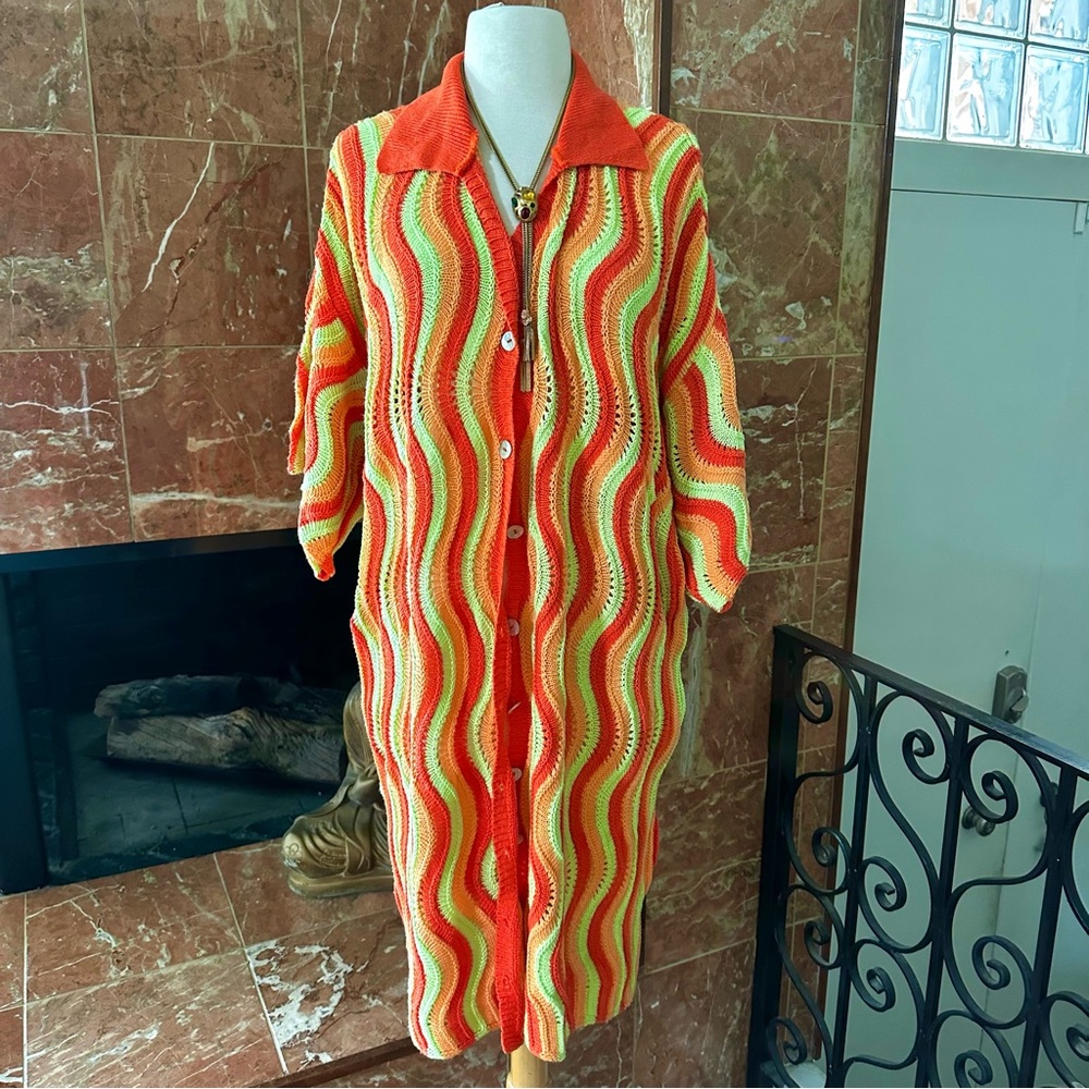 NEW Crochet Knit Multi Colored Short Sleeves Cardigan Duster Sweater Size M